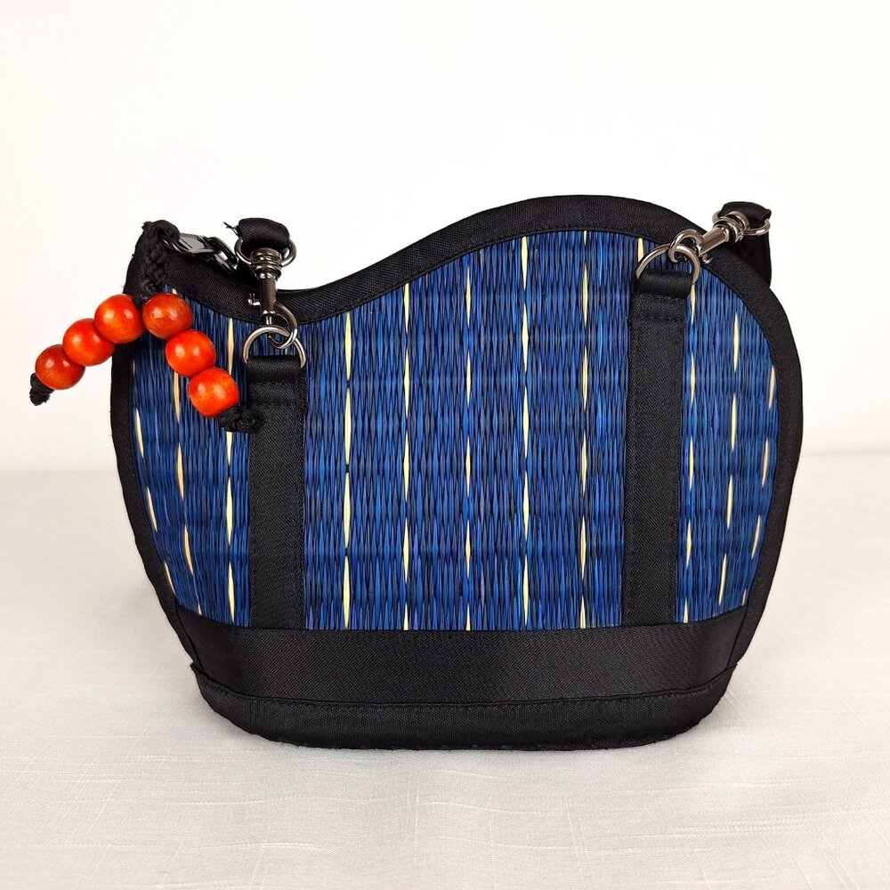 Baskets of Cambodia Kiri Wave Woven Straw Bag. Indigo Blue Black Artisan Natural